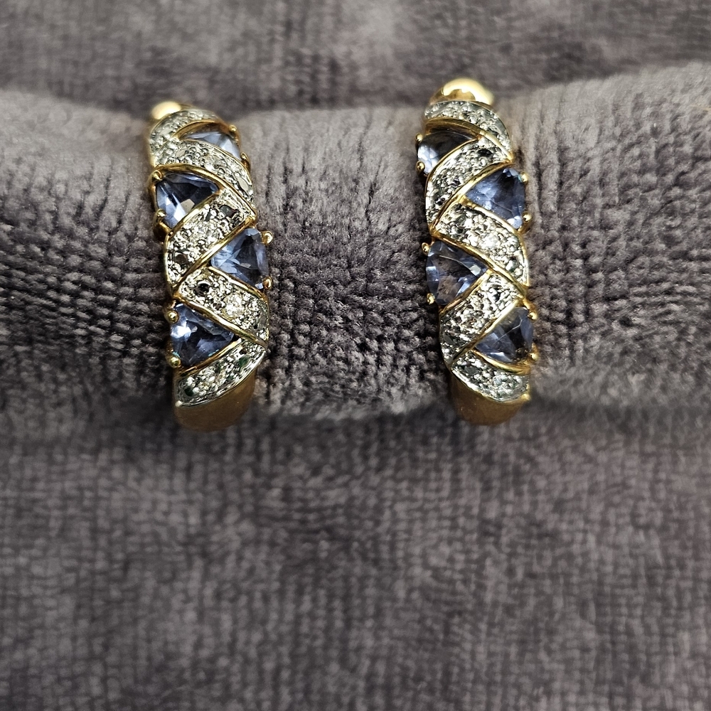 Earings - 14 karat gold plated, glass tanzanite